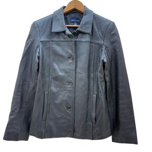 VTG Ann Taylor Leather Jacket 90s Black Womens 8 Button Front Blazer Grunge